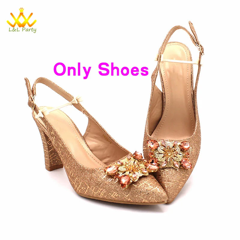 2024 New Arrivals Italian Ladies Shoes and bag Set High Quality Orange Color Pumps with Shinning Crystal for Wedding Party
