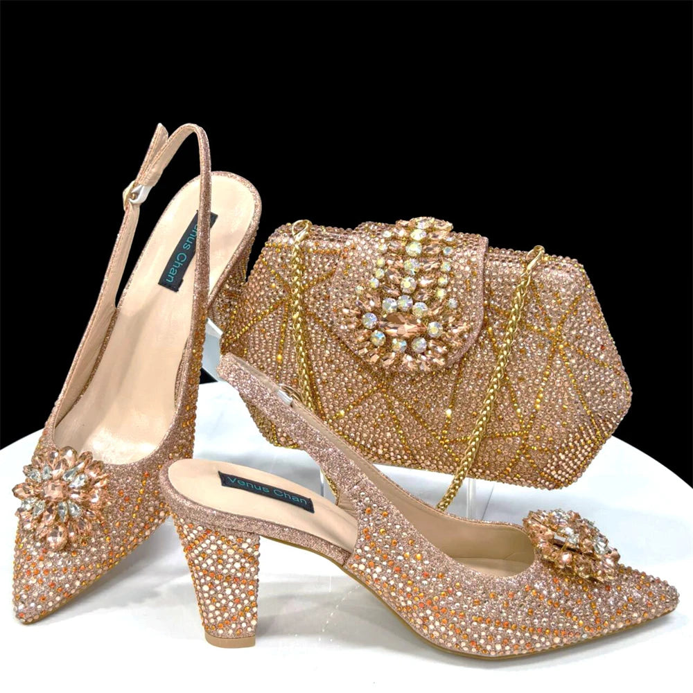 Venus Chan Elegant Pointed-Toe Heeled Sandals Shoes 2024 Woman High Heels Rhinestone New Italian Shoes and Bag for Party