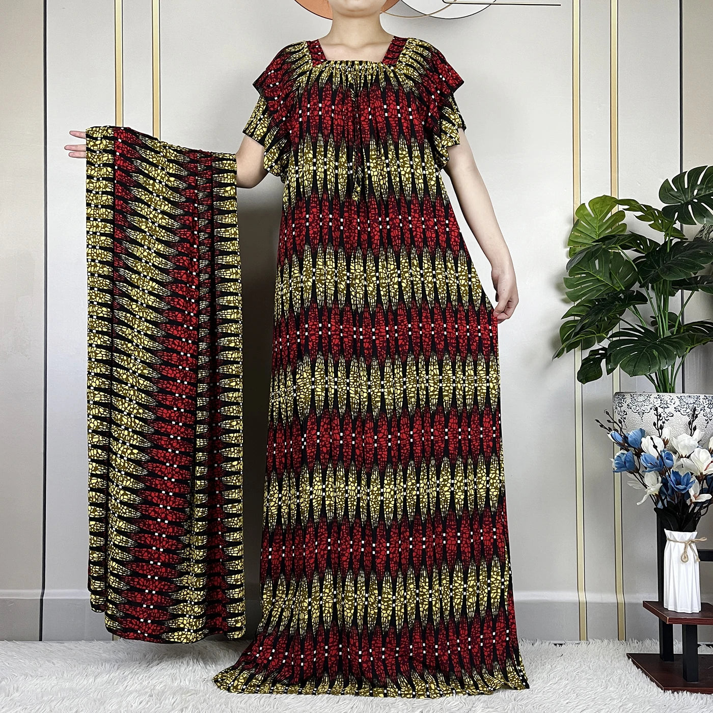 2024 New Muslim Dubai Fashion Women Cotton Dresse With Big Scarf For Women Maxi Summer Short Sleeve Loose African Abaya Clothing