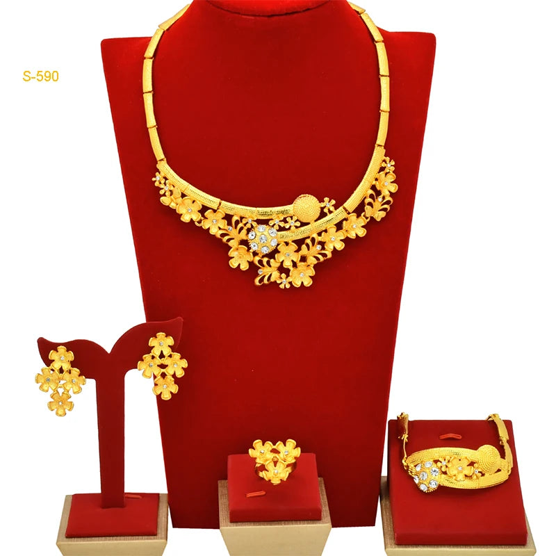 Dubai Luxurious Gold Color Jewelry Set Leaf Necklaces For Women Bride Earrings Rings Indian Nigerian Wedding Jewelery Set Gifts