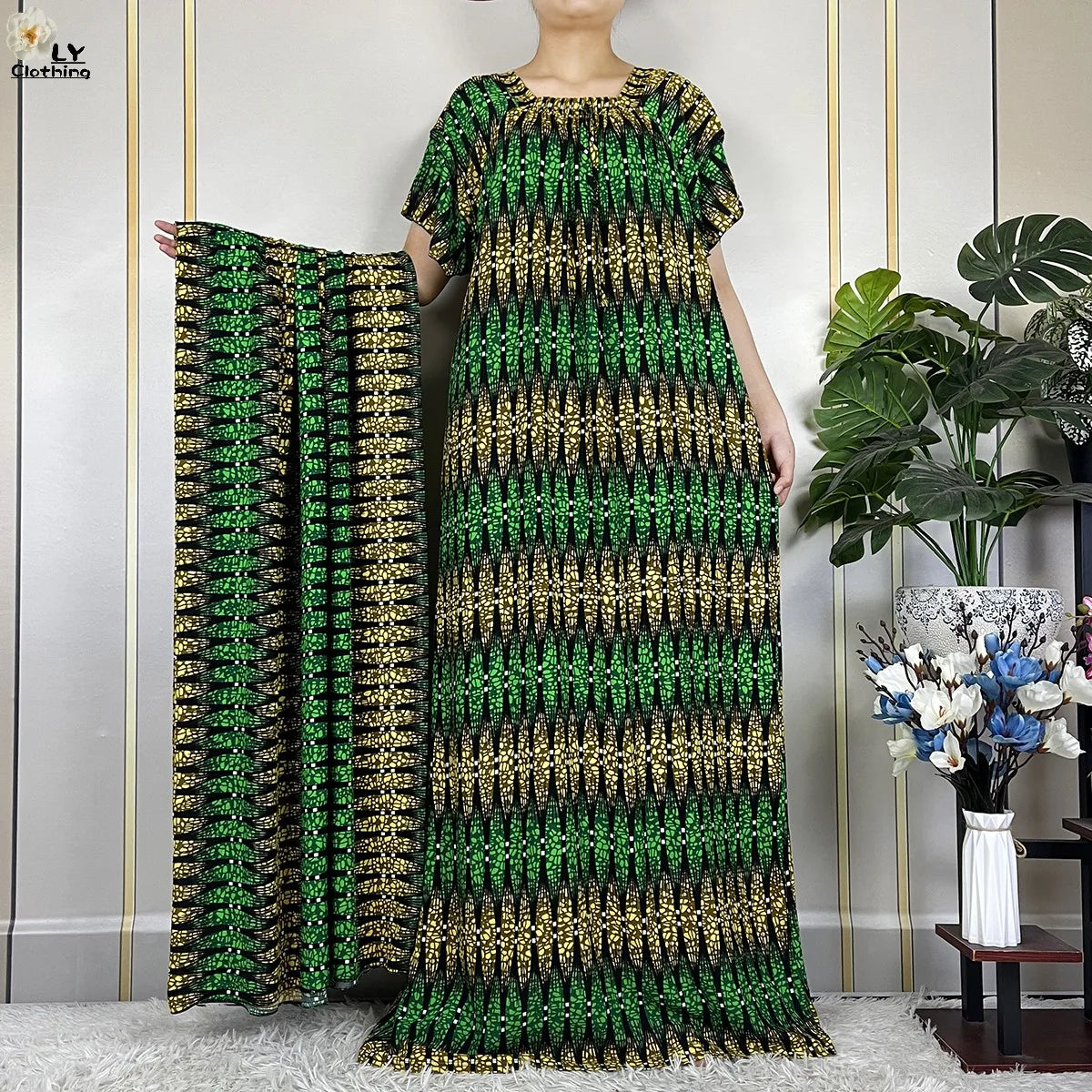 2024 New Muslim Dubai Fashion Women Cotton Dresse With Big Scarf For Women Maxi Summer Short Sleeve Loose African Abaya Clothing