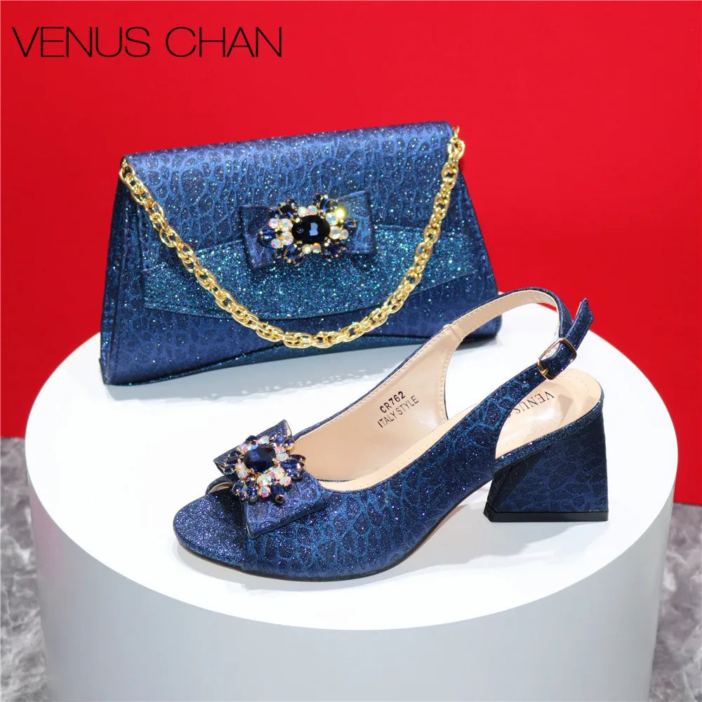 High Quality Blue Color 2024 New Design African Women Shoes and Bag Set Peep Toe with Shinning Crystal for Wedding Party