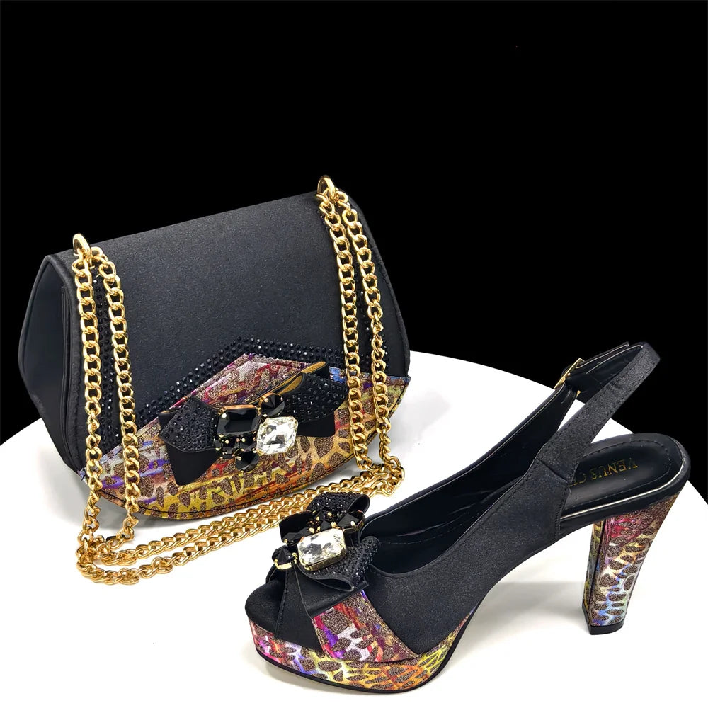 Venus Chan Shoes for Women High Heels INS Style Rhinestone Peep Toe Bow Gold Color New Italian Shoes and Bag for Party 2024