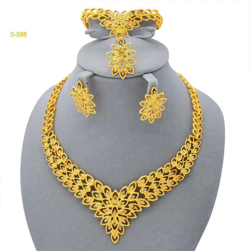 XUHUANG Luxury Crystal Gold Color Necklace Sets For Women Wedding Dubai African Jewelry Set Indian Jewellery Anniversary Gifts
