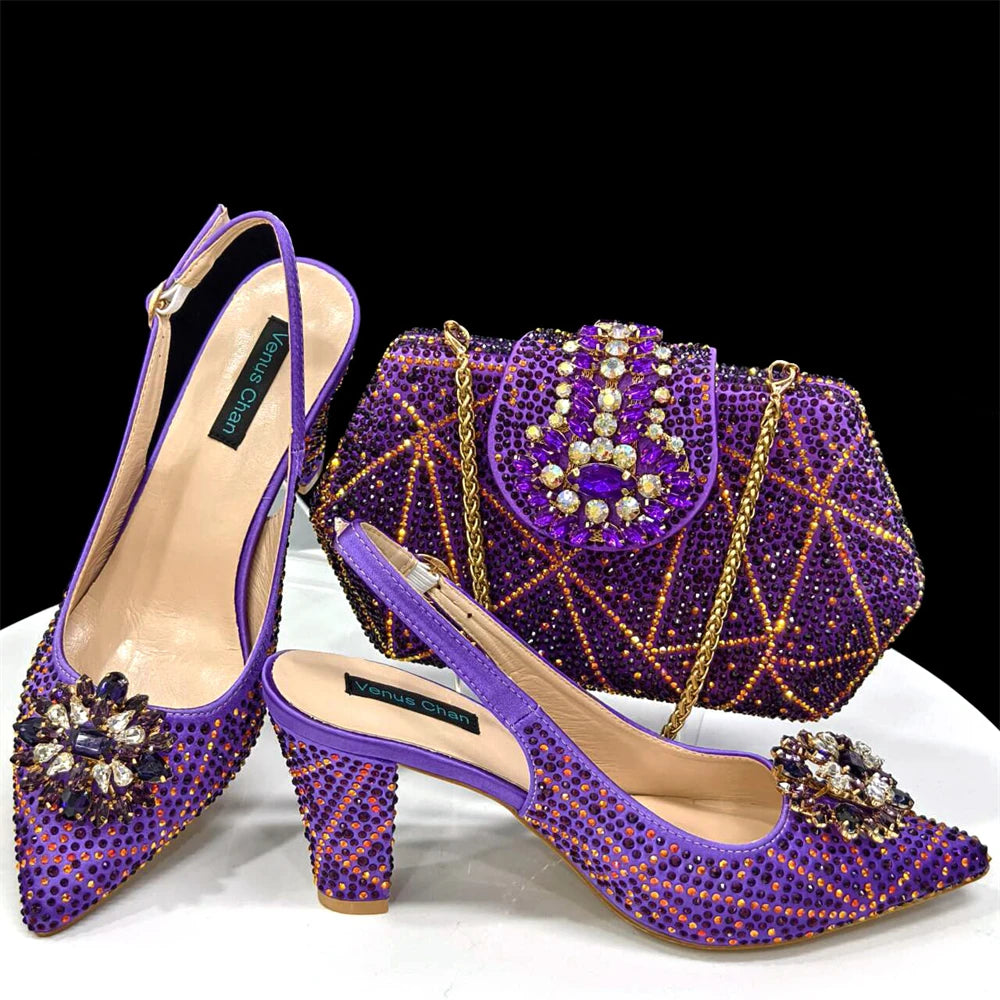 Venus Chan Elegant Pointed-Toe Heeled Sandals Shoes 2024 Woman High Heels Rhinestone New Italian Shoes and Bag for Party