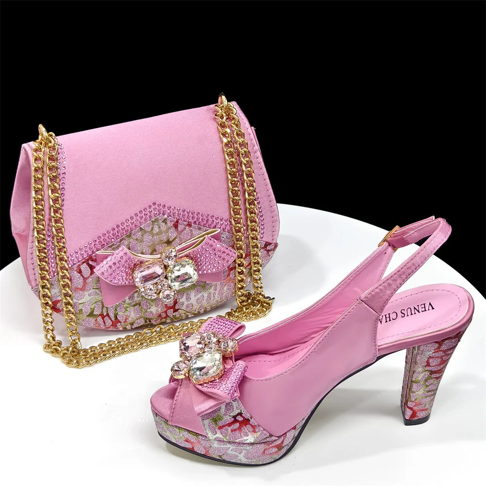 Venus Chan Shoes for Women High Heels INS Style Rhinestone Peep Toe Bow Gold Color New Italian Shoes and Bag for Party 2024