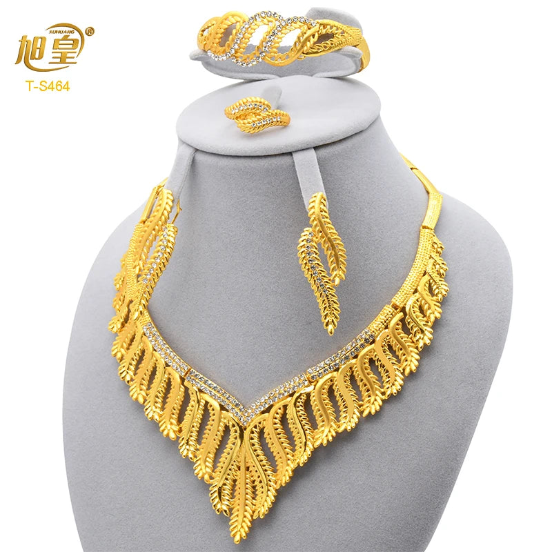 XUHUANG Luxury Crystal Gold Color Necklace Sets For Women Wedding Dubai African Jewelry Set Indian Jewellery Anniversary Gifts