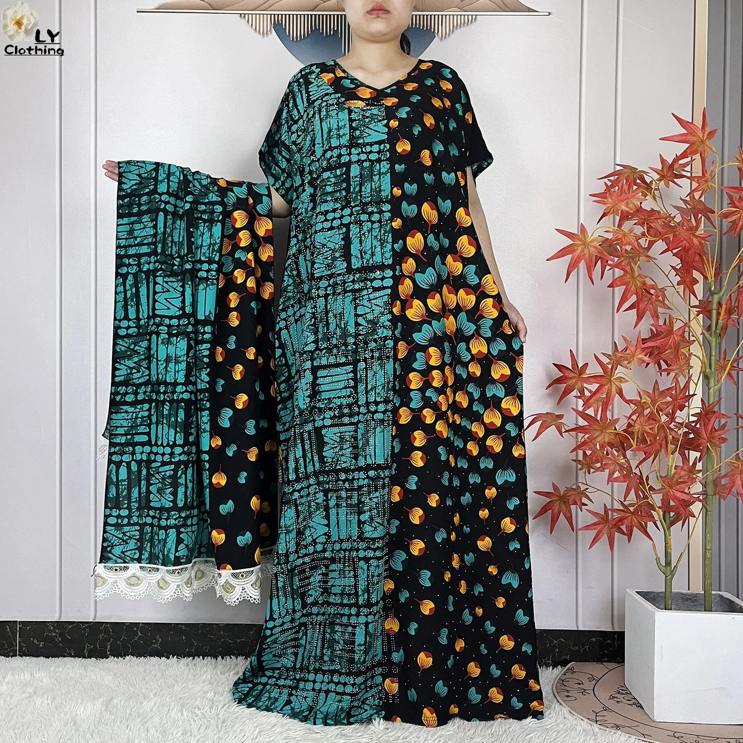 2024 Latest Muslim Sets Women Clothing Cotton Floral Loose Dashiki Long Dress African Abaya Dubai Traditional Islamic Clothing