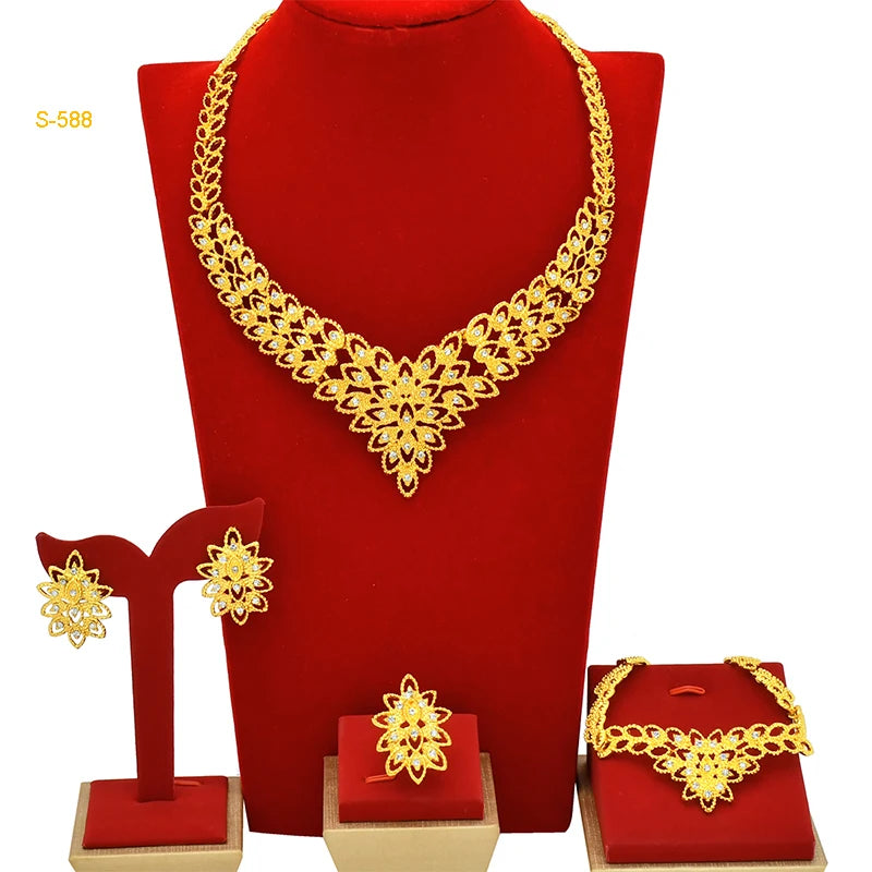 Dubai Luxurious Gold Color Jewelry Set Leaf Necklaces For Women Bride Earrings Rings Indian Nigerian Wedding Jewelery Set Gifts