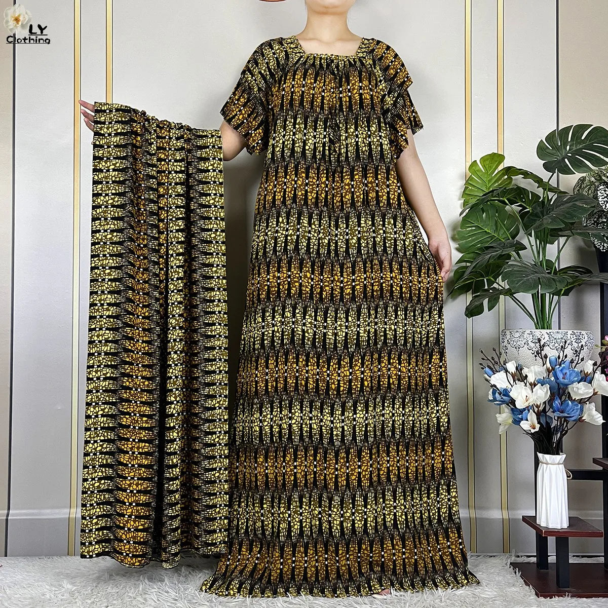 2024 New Muslim Dubai Fashion Women Cotton Dresse With Big Scarf For Women Maxi Summer Short Sleeve Loose African Abaya Clothing