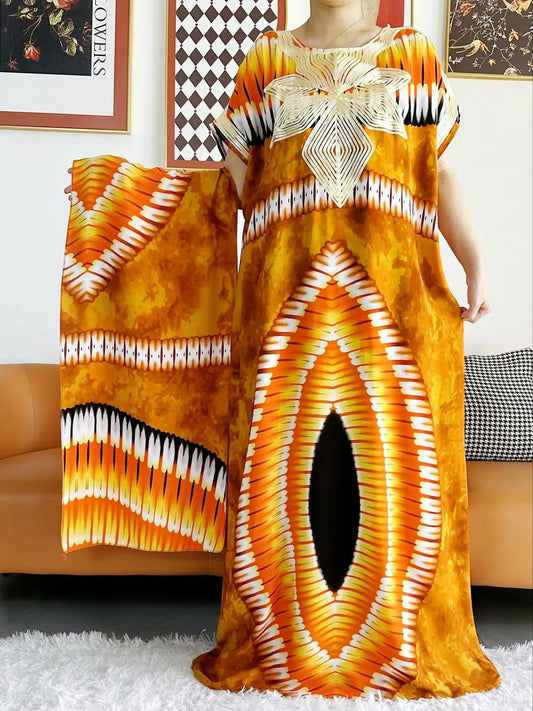 2023 African Dashiki Dress Kaftan Abaya Cotton Boat-neck Floral Dress Printed Short Sleeve Loose Women Casual Dress with Scarf