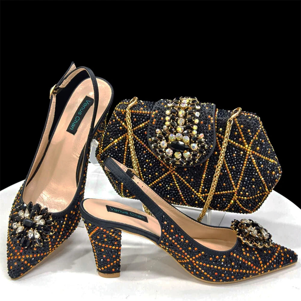 Venus Chan Elegant Pointed-Toe Heeled Sandals Shoes 2024 Woman High Heels Rhinestone New Italian Shoes and Bag for Party
