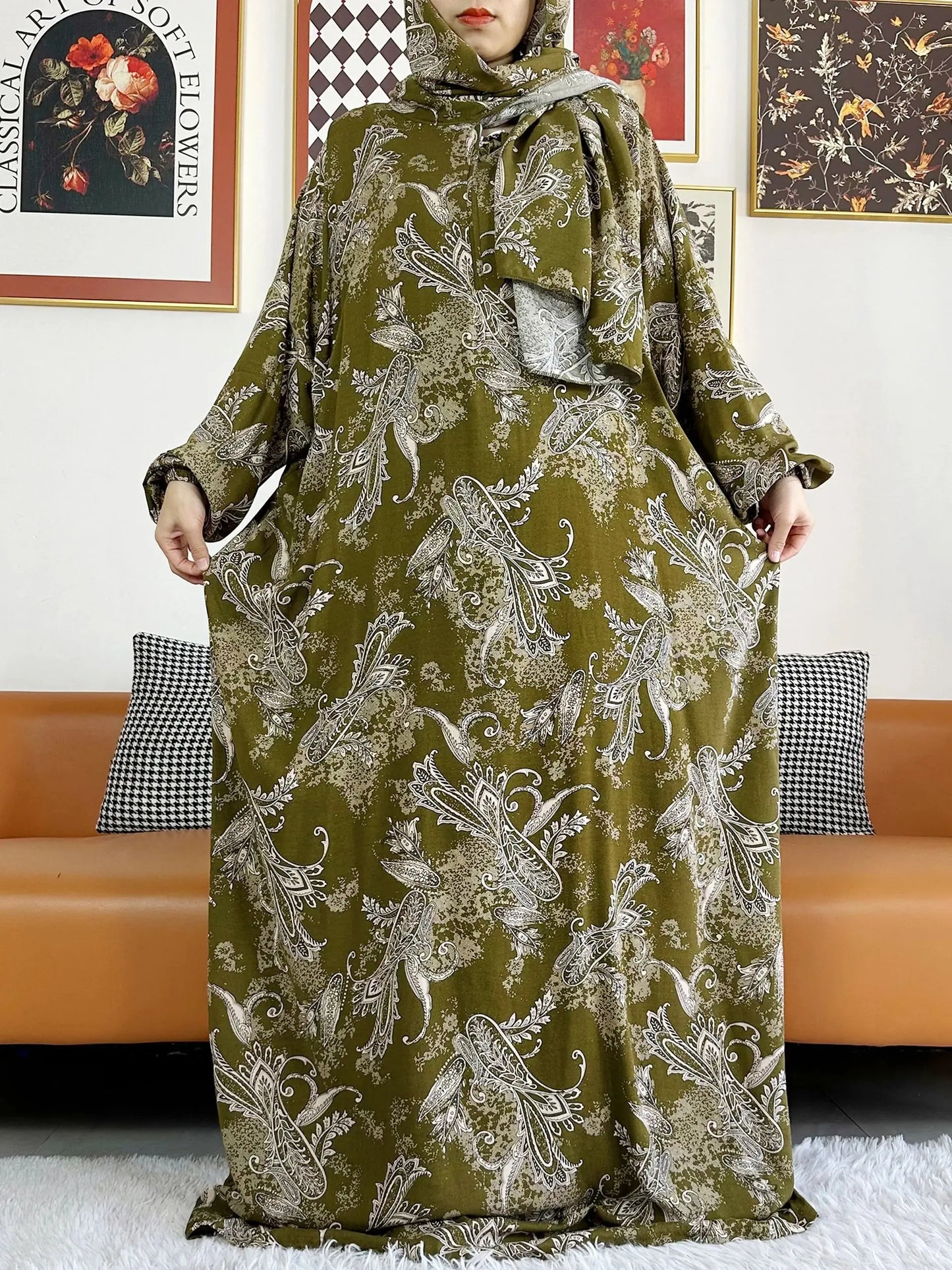 2025 Muslim Rayon Abayas For Women Ramadan Prayer Dubai Turkey Middle East Femme Robe Floral Loose African Dress Turban Joint