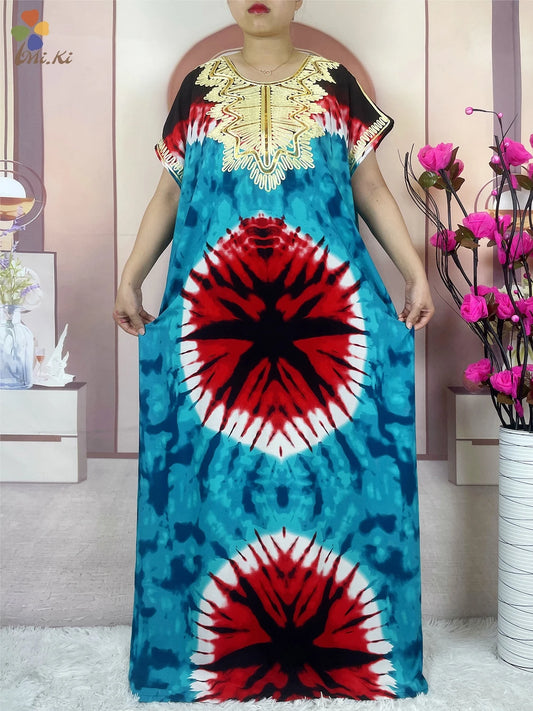 2024 New African Women Embroidered Sequin Dress Tie Dyed Loose Cotton Robe Dshiki Maxi Robe Femme Islamic Women Summer Clothing