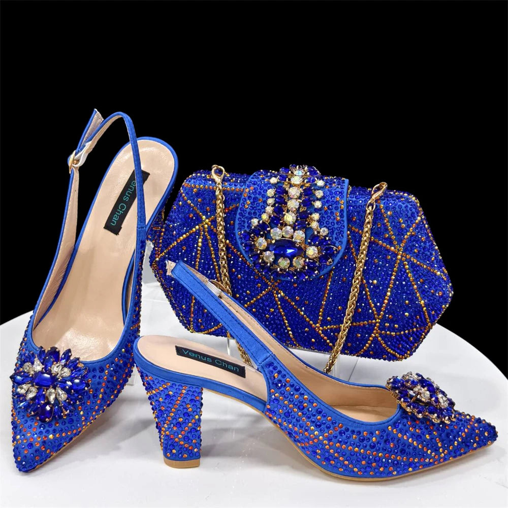 Venus Chan Elegant Pointed-Toe Heeled Sandals Shoes 2024 Woman High Heels Rhinestone New Italian Shoes and Bag for Party