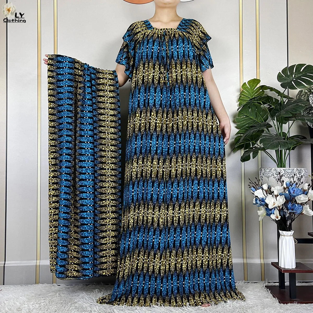 2024 New Muslim Dubai Fashion Women Cotton Dresse With Big Scarf For Women Maxi Summer Short Sleeve Loose African Abaya Clothing