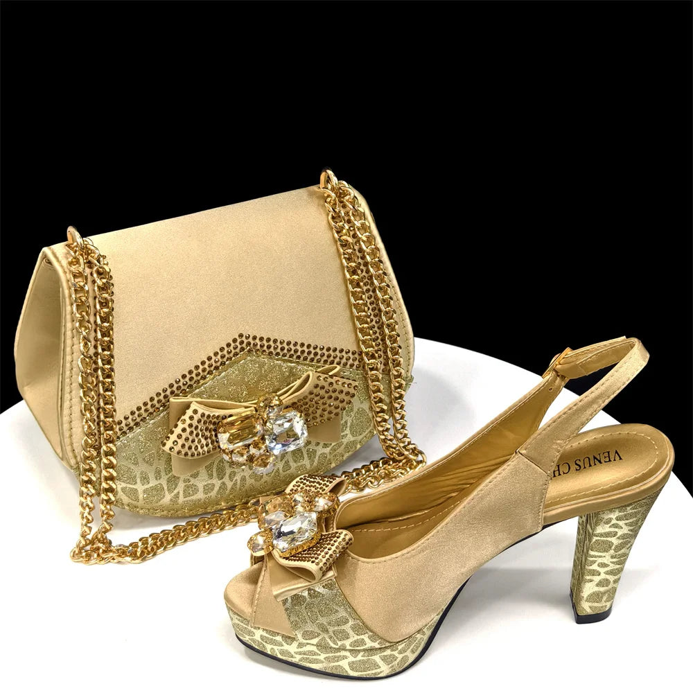 Venus Chan Shoes for Women High Heels INS Style Rhinestone Peep Toe Bow Gold Color New Italian Shoes and Bag for Party 2024