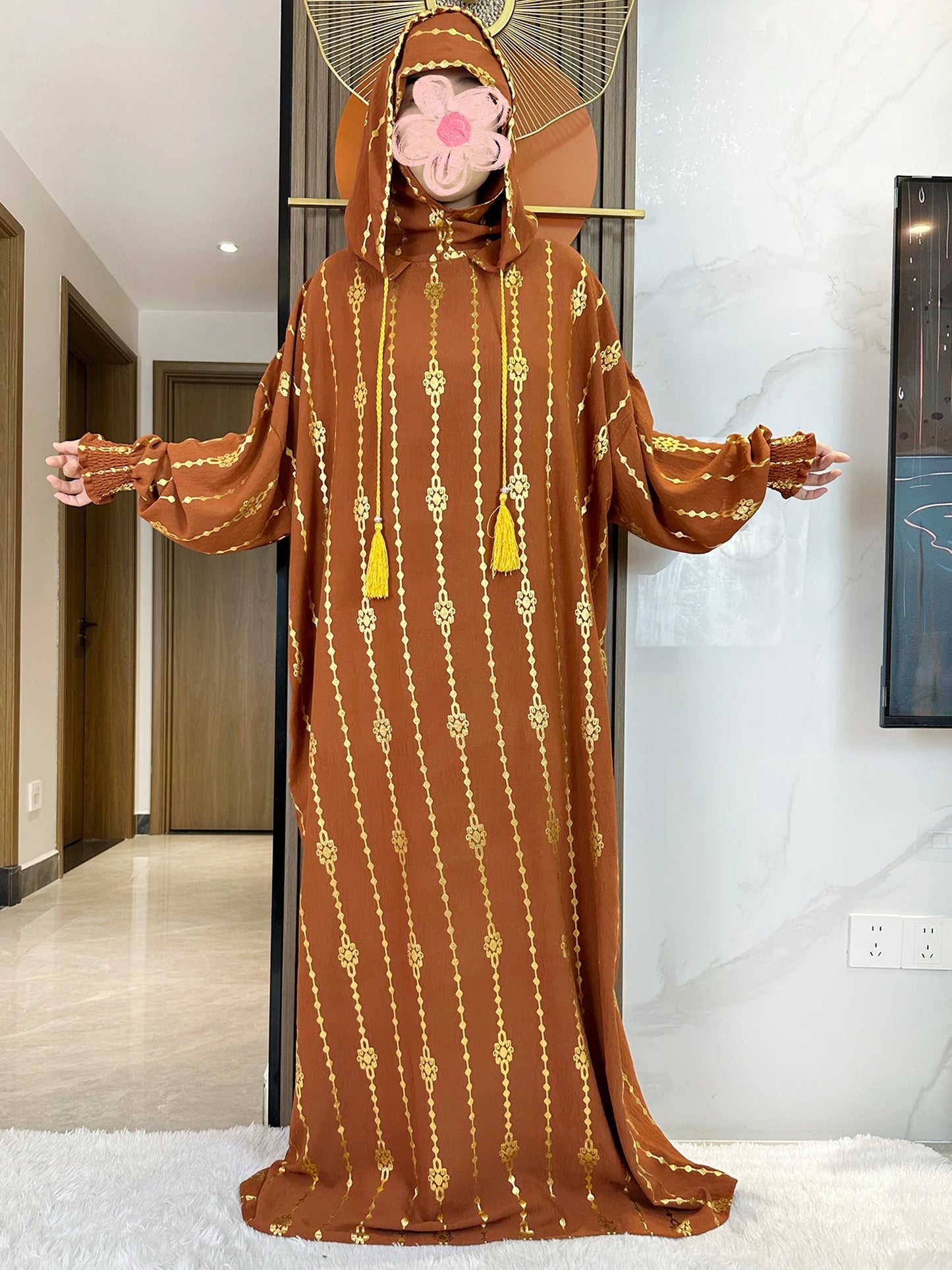 New Cotton Ramadan Muslim Two-Hat Abaya Dubai Turkey Islam Prayer Clothes Gold Dust Dress Islam Women Dress Kaftan