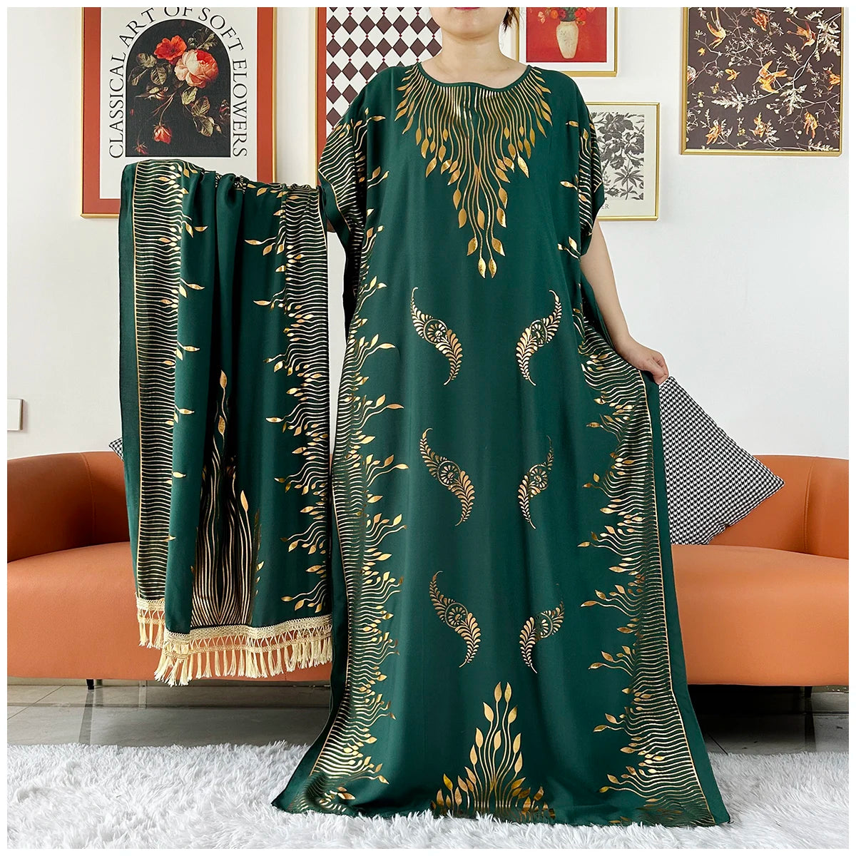Muslim Abayas For Women Dubai Stretch Print Hot Stamping Loose Fit Elegant Dresses Caftan Marocain Femme Robe With Headscarf