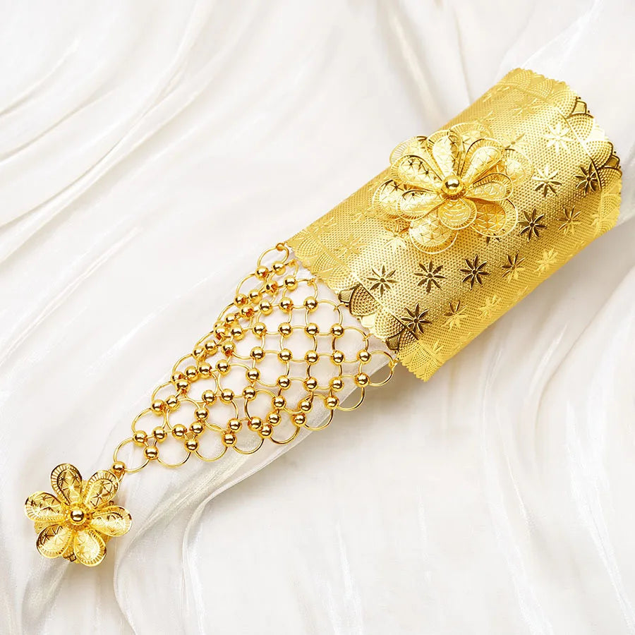 Dubai Gold Color Bangles With Ring For Women Indian Bracelet Jewelery Arabic Wedding Party Banquet integrated bracelet and ring