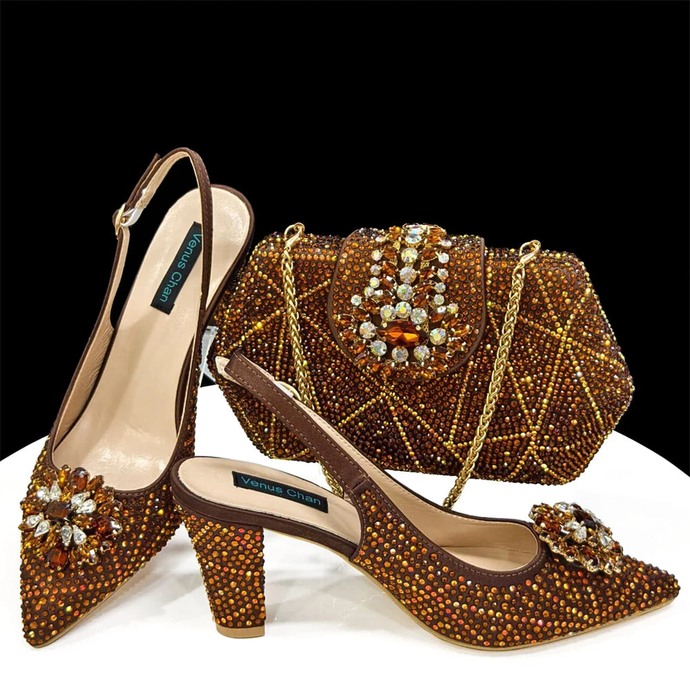 Venus Chan Elegant Pointed-Toe Heeled Sandals Shoes 2024 Woman High Heels Rhinestone New Italian Shoes and Bag for Party