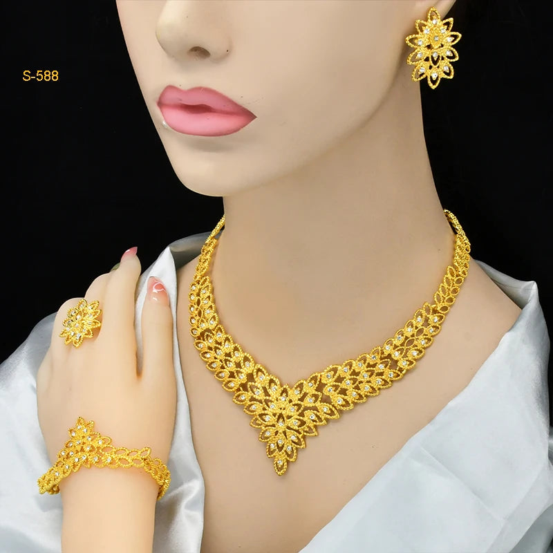 Dubai Luxurious Gold Color Jewelry Set Leaf Necklaces For Women Bride Earrings Rings Indian Nigerian Wedding Jewelery Set Gifts
