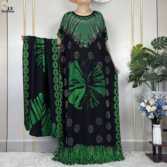 2024New Muslim Abaya Cotton Dress Women Loose African Dashiki Maxi Printing Diamonds Femme Robe Dubai Islam Dress With Big Scarf