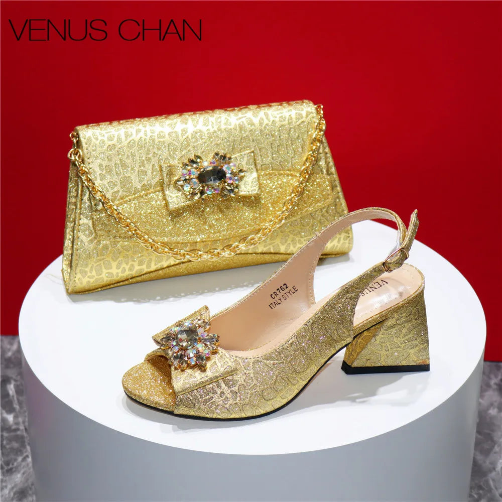 High Quality Blue Color 2024 New Design African Women Shoes and Bag Set Peep Toe with Shinning Crystal for Wedding Party