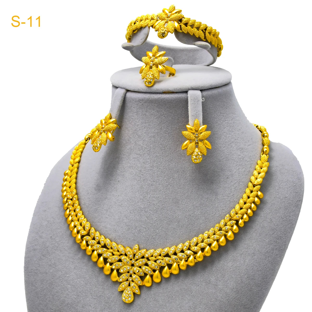XUHUANG Luxury Crystal Gold Color Necklace Sets For Women Wedding Dubai African Jewelry Set Indian Jewellery Anniversary Gifts
