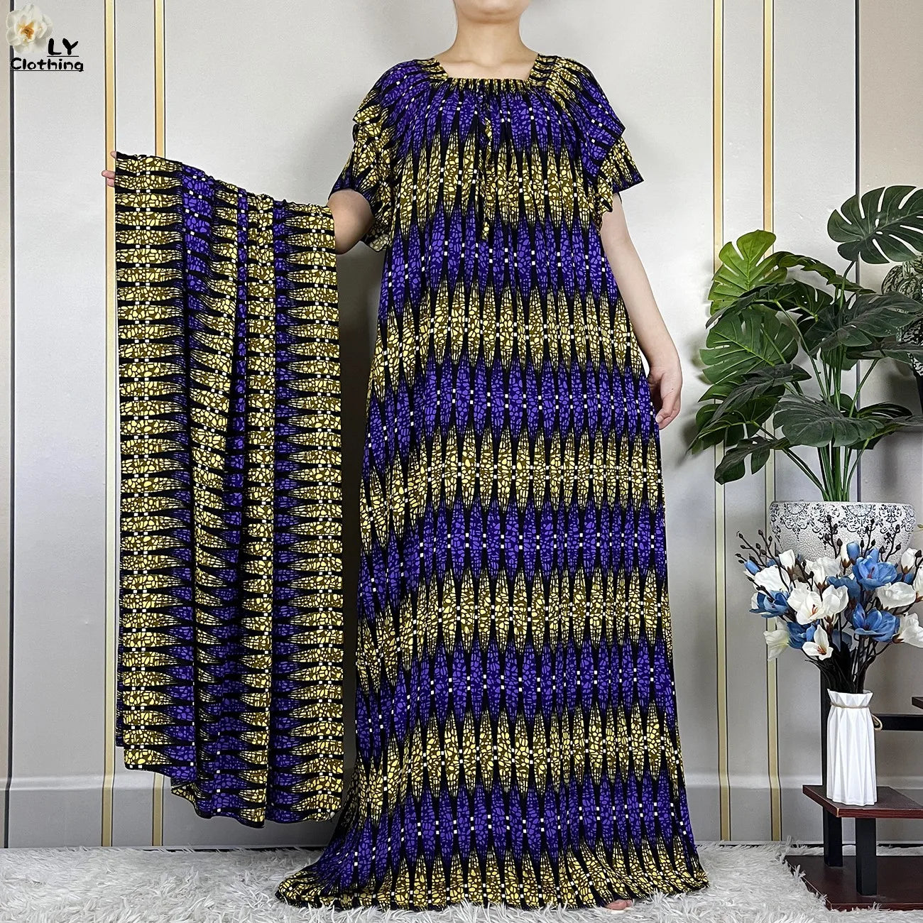 2024 New Muslim Dubai Fashion Women Cotton Dresse With Big Scarf For Women Maxi Summer Short Sleeve Loose African Abaya Clothing