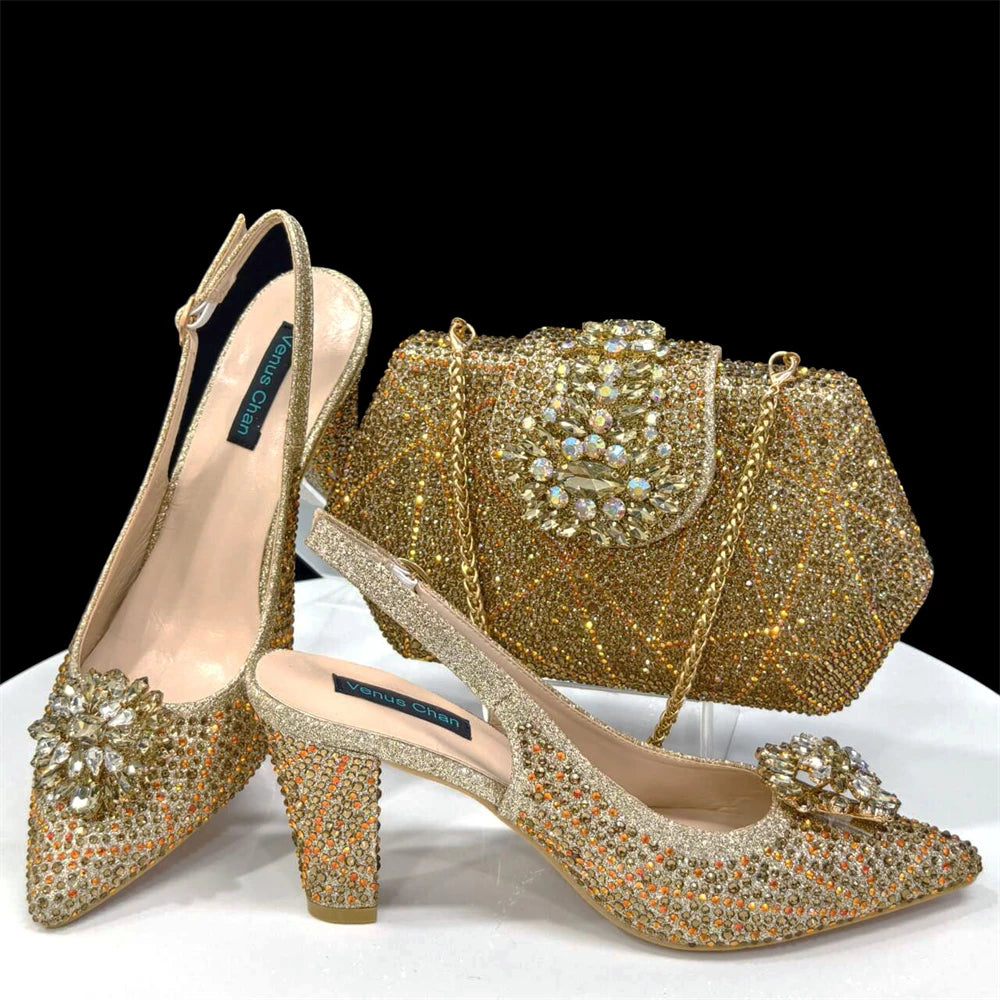Venus Chan Elegant Pointed-Toe Heeled Sandals Shoes 2024 Woman High Heels Rhinestone New Italian Shoes and Bag for Party