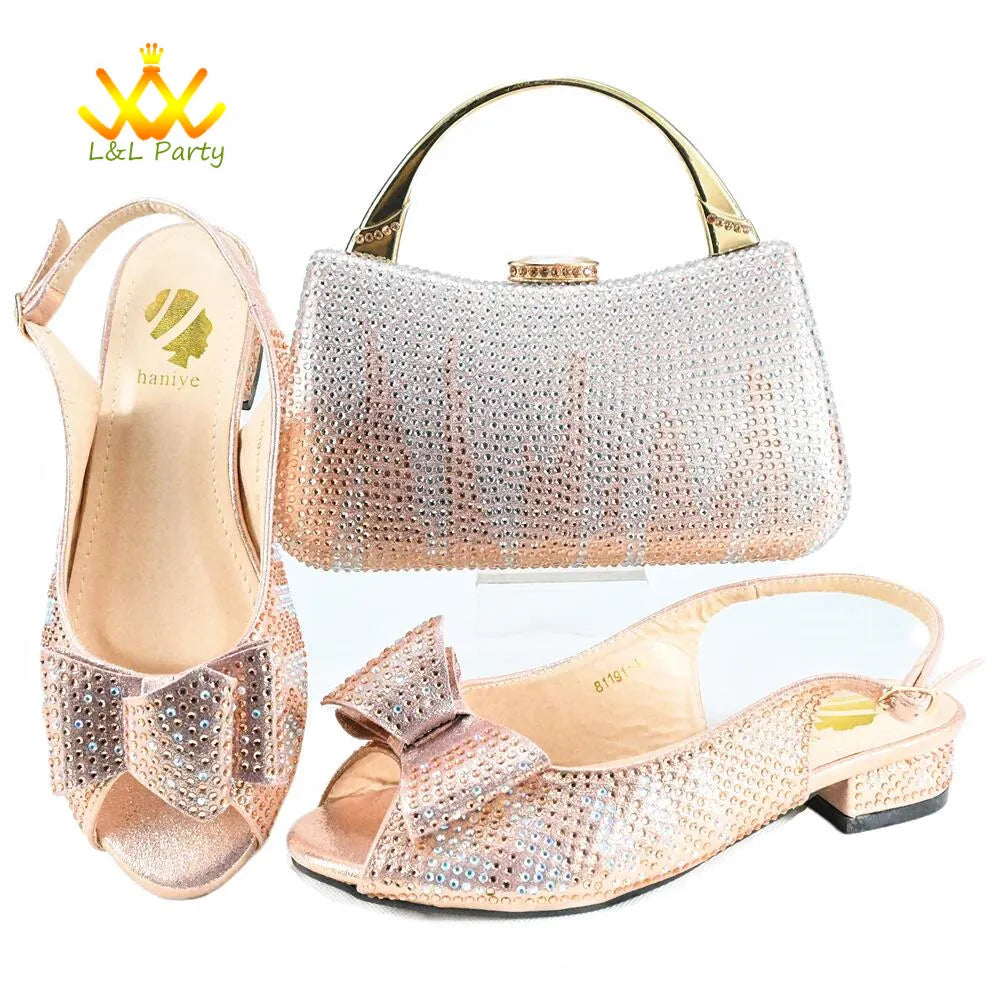 Low Heels Fashion 2024 Spring Summer New Design Nigerian Women Shoes and Bag Set in Gold Color Italian Women Design For Wedding