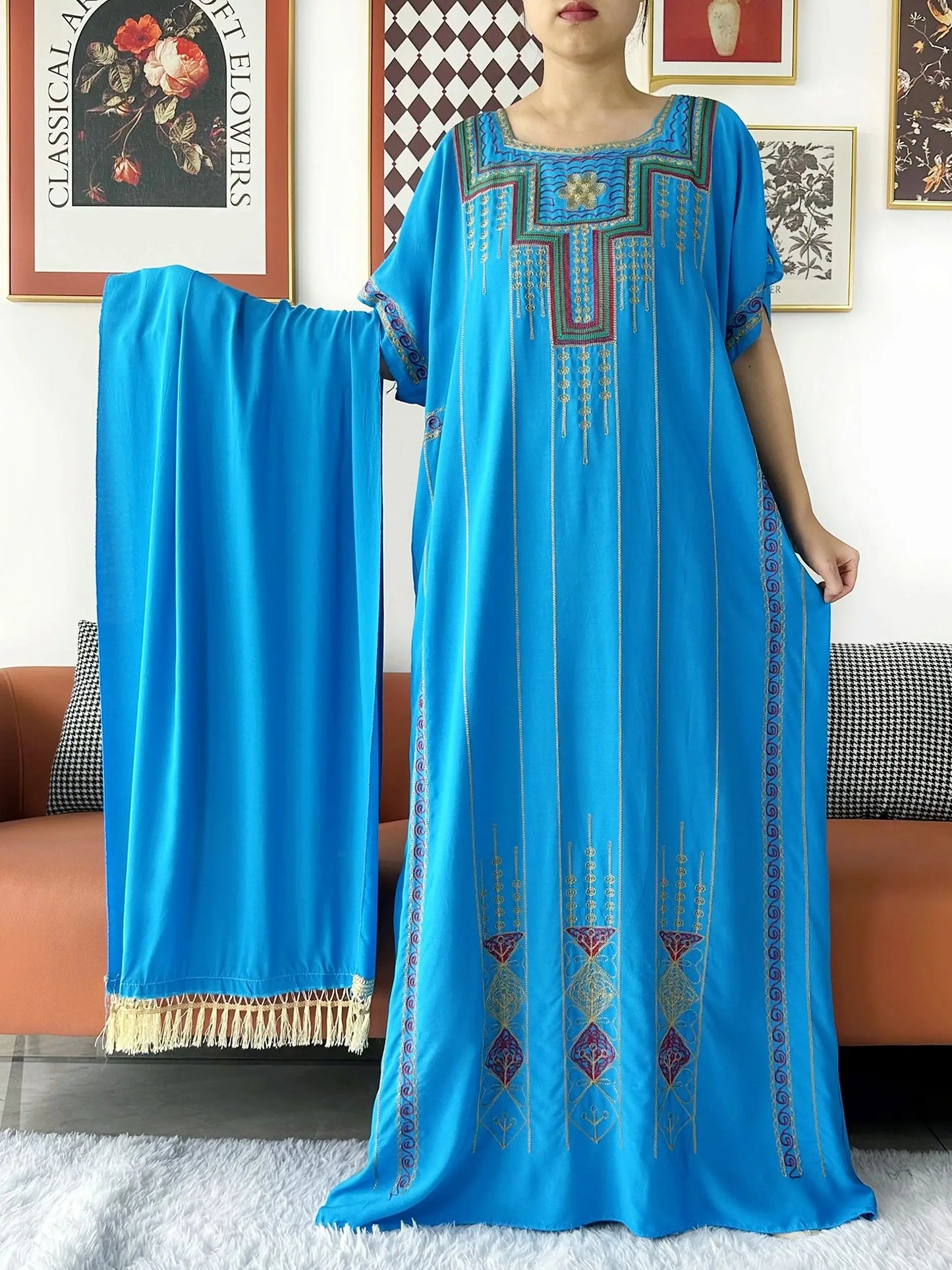 2024 New Dashiki Women Short Sleeve Floral Dress Lace Embroidered Floral Boubou Maxi Islam Women Dress African Abaya Clothes