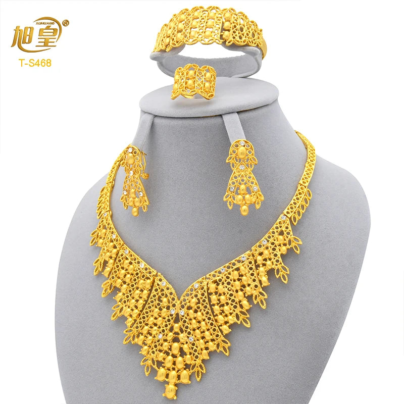 XUHUANG Luxury Crystal Gold Color Necklace Sets For Women Wedding Dubai African Jewelry Set Indian Jewellery Anniversary Gifts