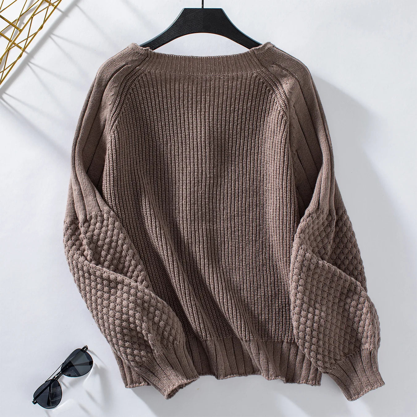 Solid Color Button Knit Cardigan Loose Lantern Sleeve Sweater Women