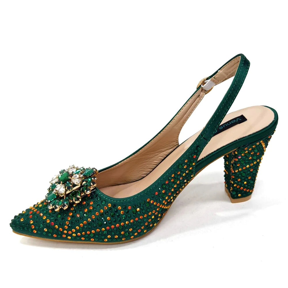 Venus Chan Elegant Pointed-Toe Heeled Sandals Shoes 2024 Woman High Heels Rhinestone New Italian Shoes and Bag for Party