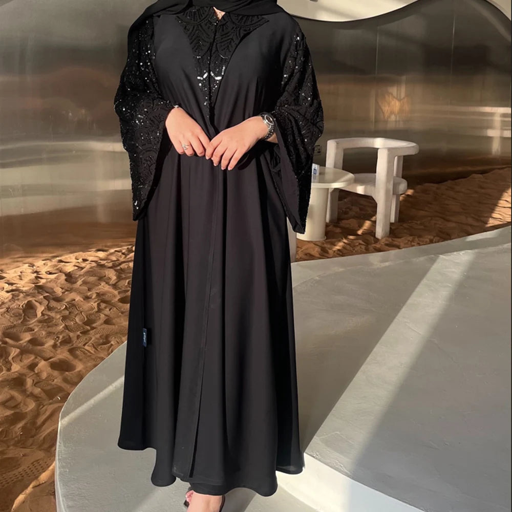 2025 Ramadan Black Open Include Hijab Turban Abaya Dubai Luxury Islamic Clothing Muslim Dress Black Beaded Dubai Abaya For Women