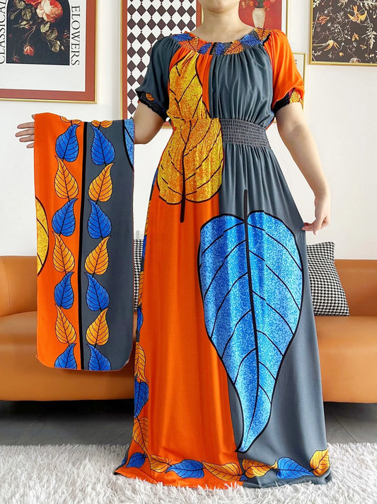 2023 New African Dashiki Cotton Floral Dress Printed Short Sleeve Collect Waist Straight Loose African Women Dress with Scarf