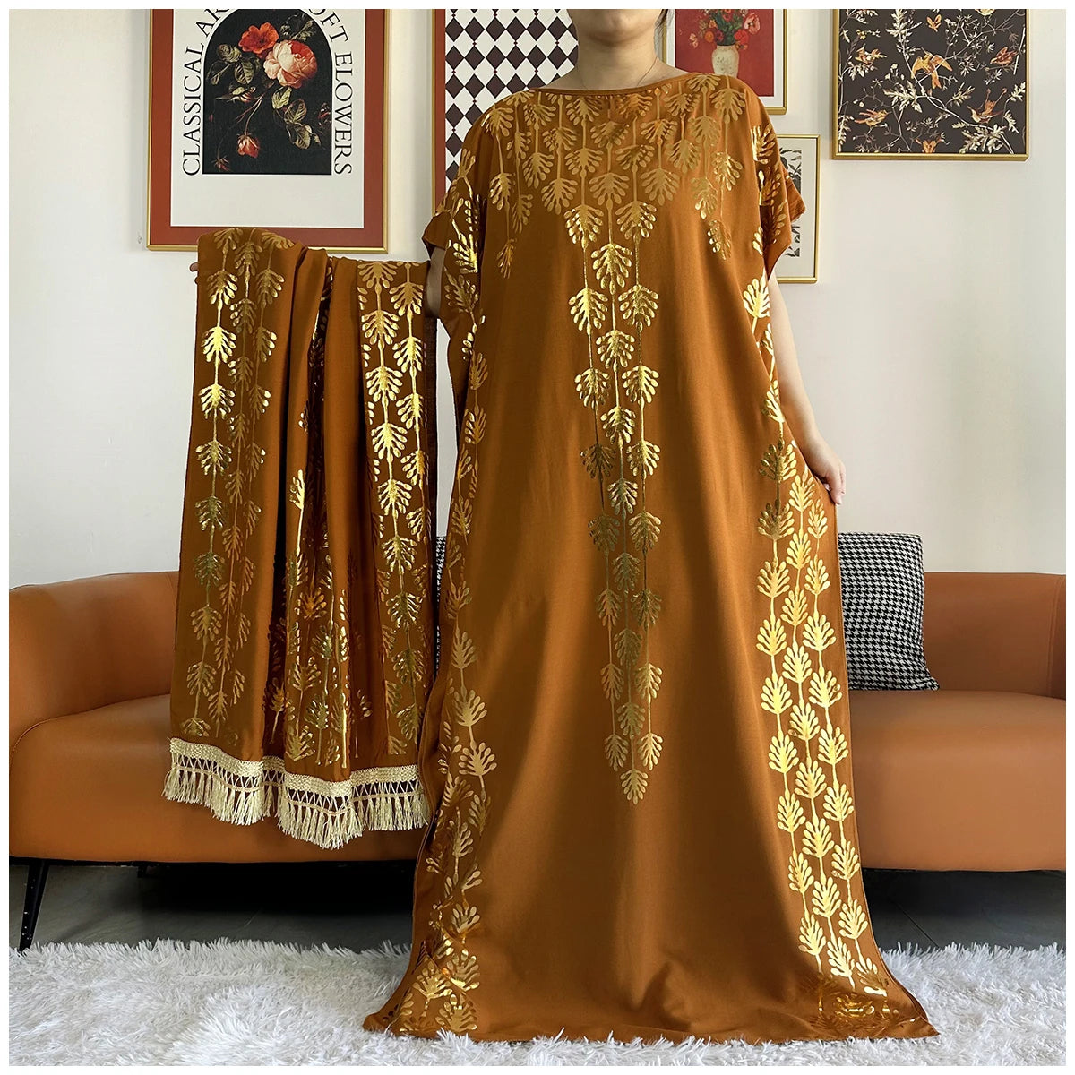 Muslim Abayas For Women Dubai Stretch Print Hot Stamping Loose Fit Elegant Dresses Caftan Marocain Femme Robe With Headscarf