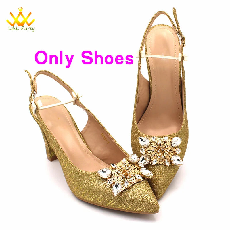 2024 New Arrivals Italian Ladies Shoes and bag Set High Quality Orange Color Pumps with Shinning Crystal for Wedding Party