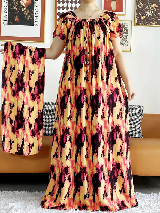 2024 Abaya for Women African Lady Short Sleeve Loose Dress Solid Cotton Boat-Neck Floral Boubou Maxi Islam Women African Clothes