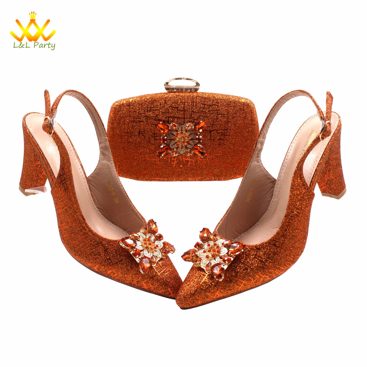 2024 New Arrivals Italian Ladies Shoes and bag Set High Quality Orange Color Pumps with Shinning Crystal for Wedding Party