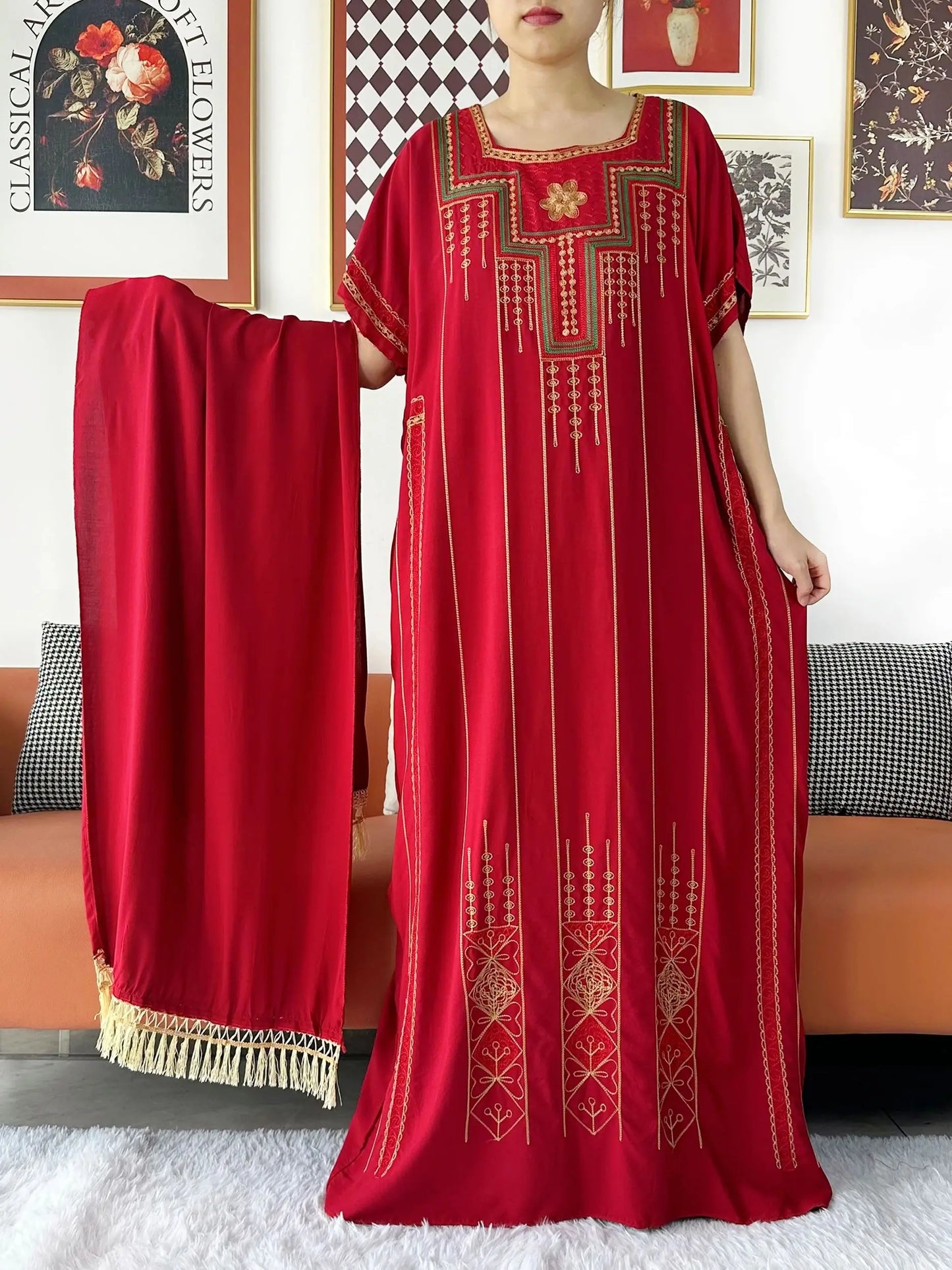 2024 New Dashiki Women Short Sleeve Floral Dress Lace Embroidered Floral Boubou Maxi Islam Women Dress African Abaya Clothes