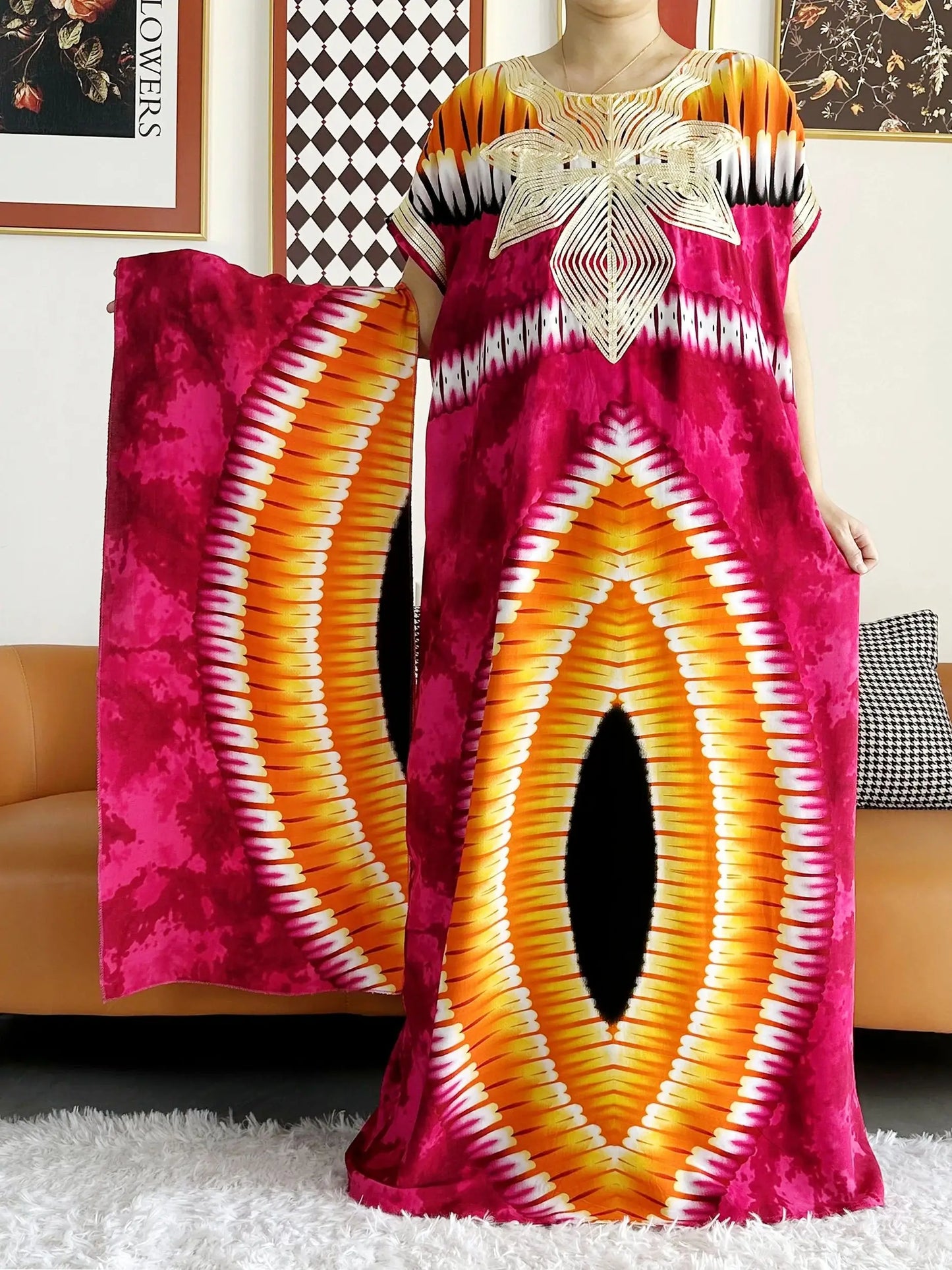 2023 African Dashiki Dress Kaftan Abaya Cotton Boat-neck Floral Dress Printed Short Sleeve Loose Women Casual Dress with Scarf