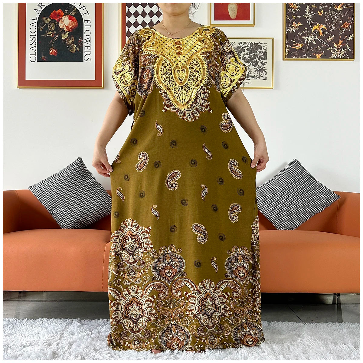 2 Pieces African Dashiki Floral Printing Loose Cotton Caftan Lady Summer Maxi Casual Dresses With Scarf Vestidos Short Sleeve