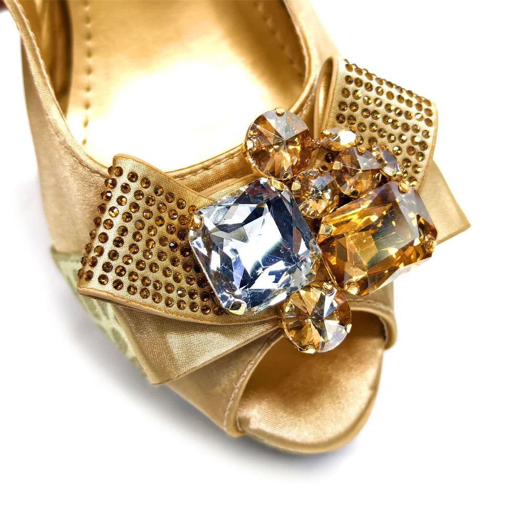 Venus Chan Shoes for Women High Heels INS Style Rhinestone Peep Toe Bow Gold Color New Italian Shoes and Bag for Party 2024
