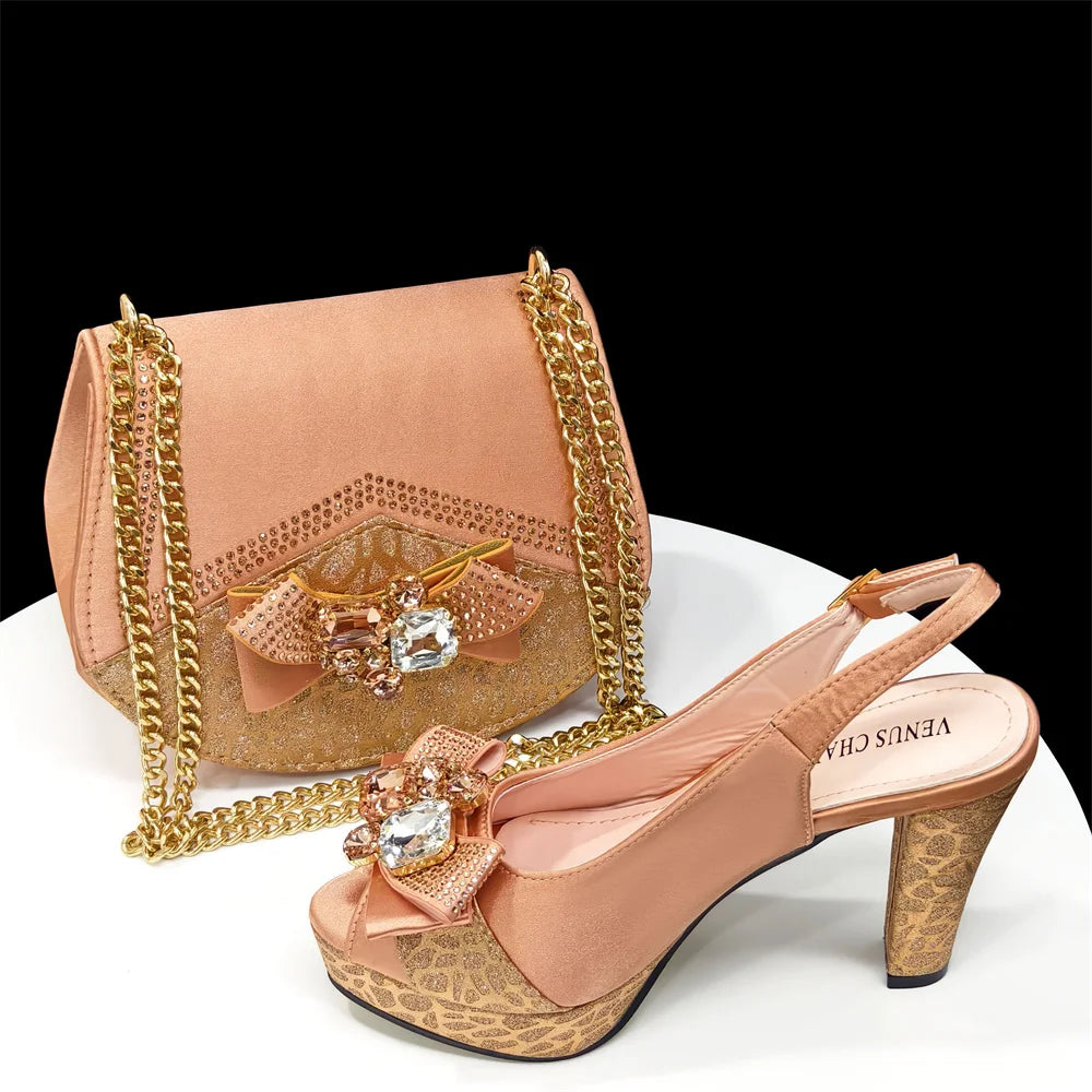 Venus Chan Shoes for Women High Heels INS Style Rhinestone Peep Toe Bow Gold Color New Italian Shoes and Bag for Party 2024