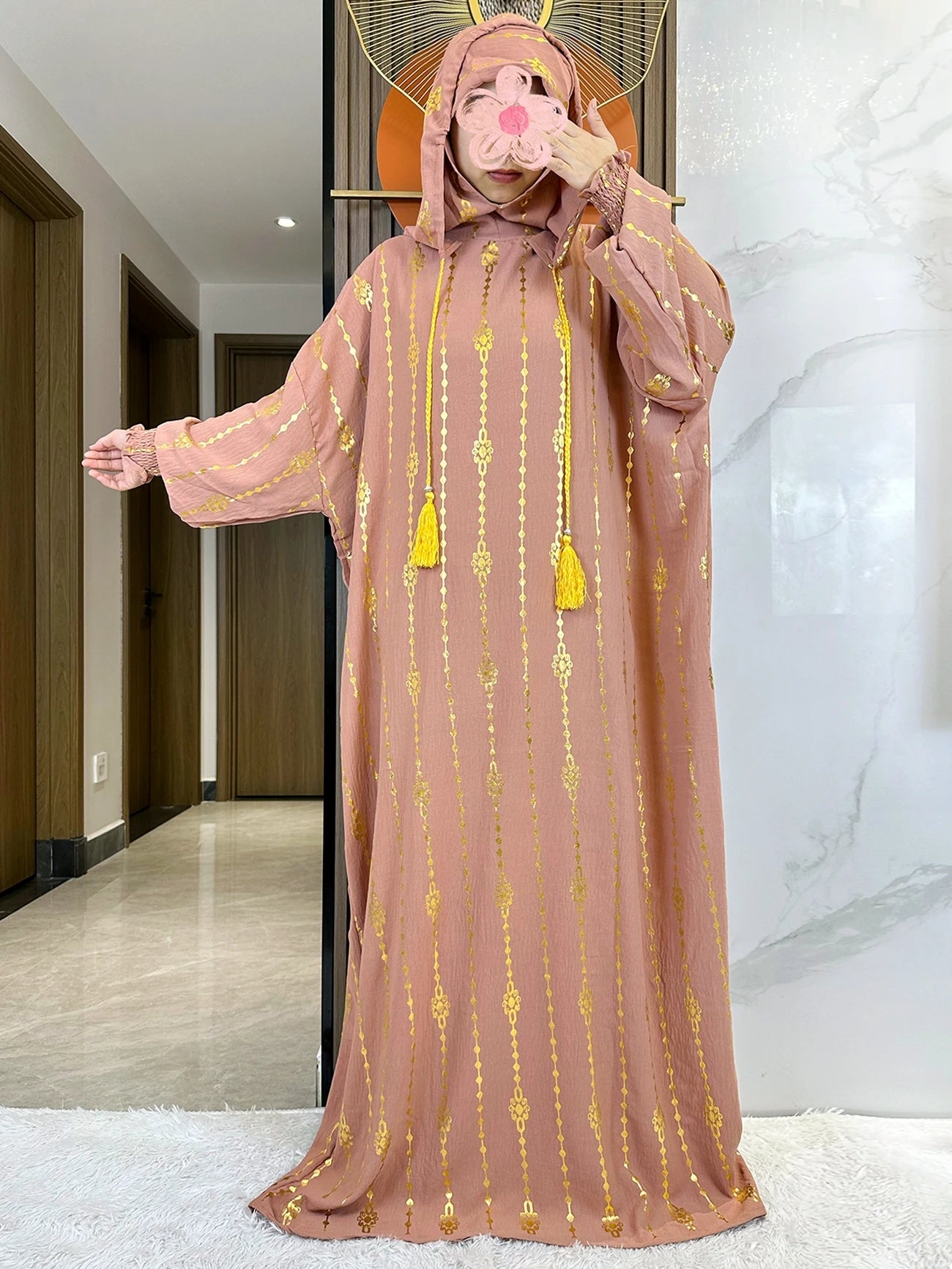 New Cotton Ramadan Muslim Two-Hat Abaya Dubai Turkey Islam Prayer Clothes Gold Dust Dress Islam Women Dress Kaftan
