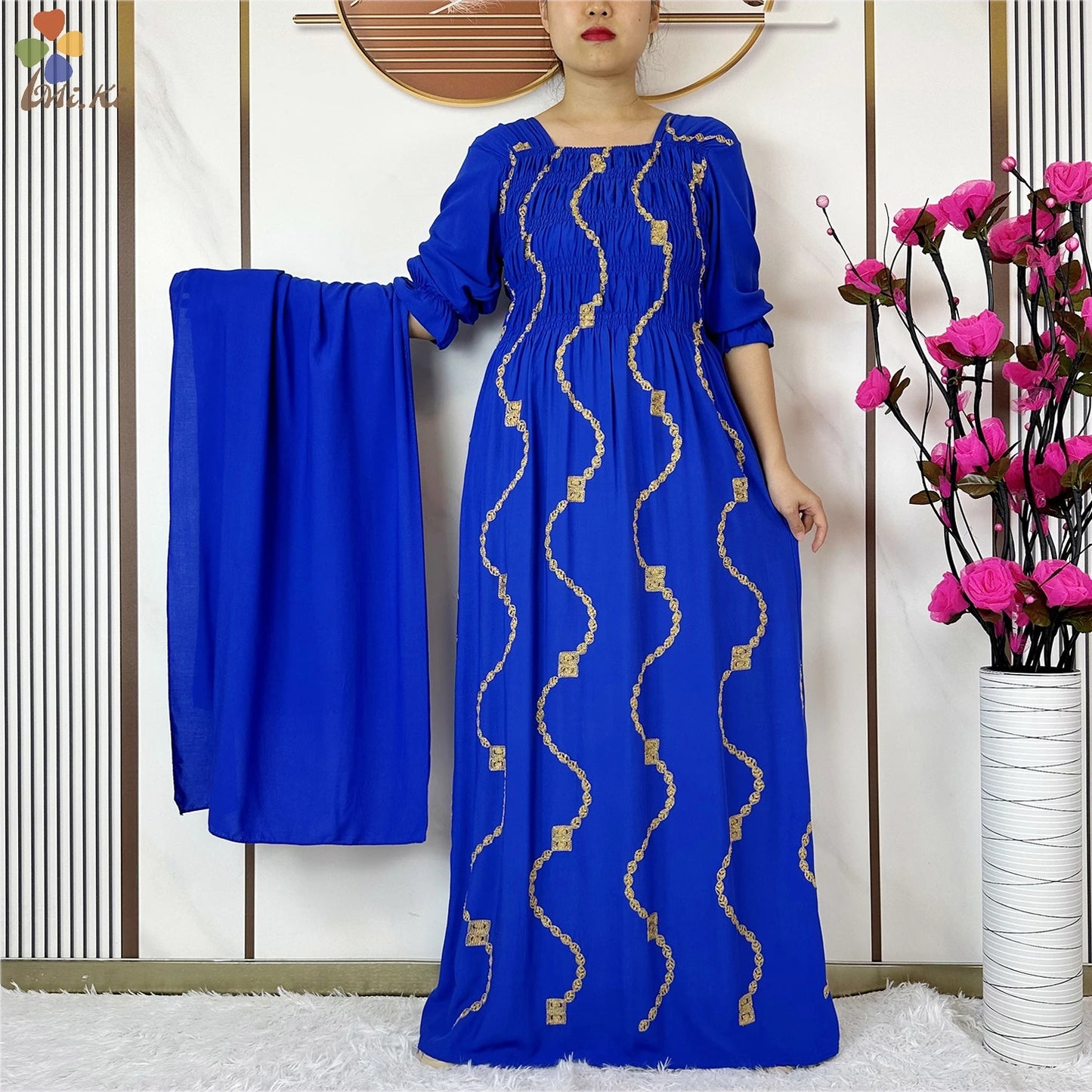 Muslim Fashion Women Party Clothing Cotton Half Sleeve Elastic Waist Dress Boubou Maxi African Abaya Dress Islamic Women Dress