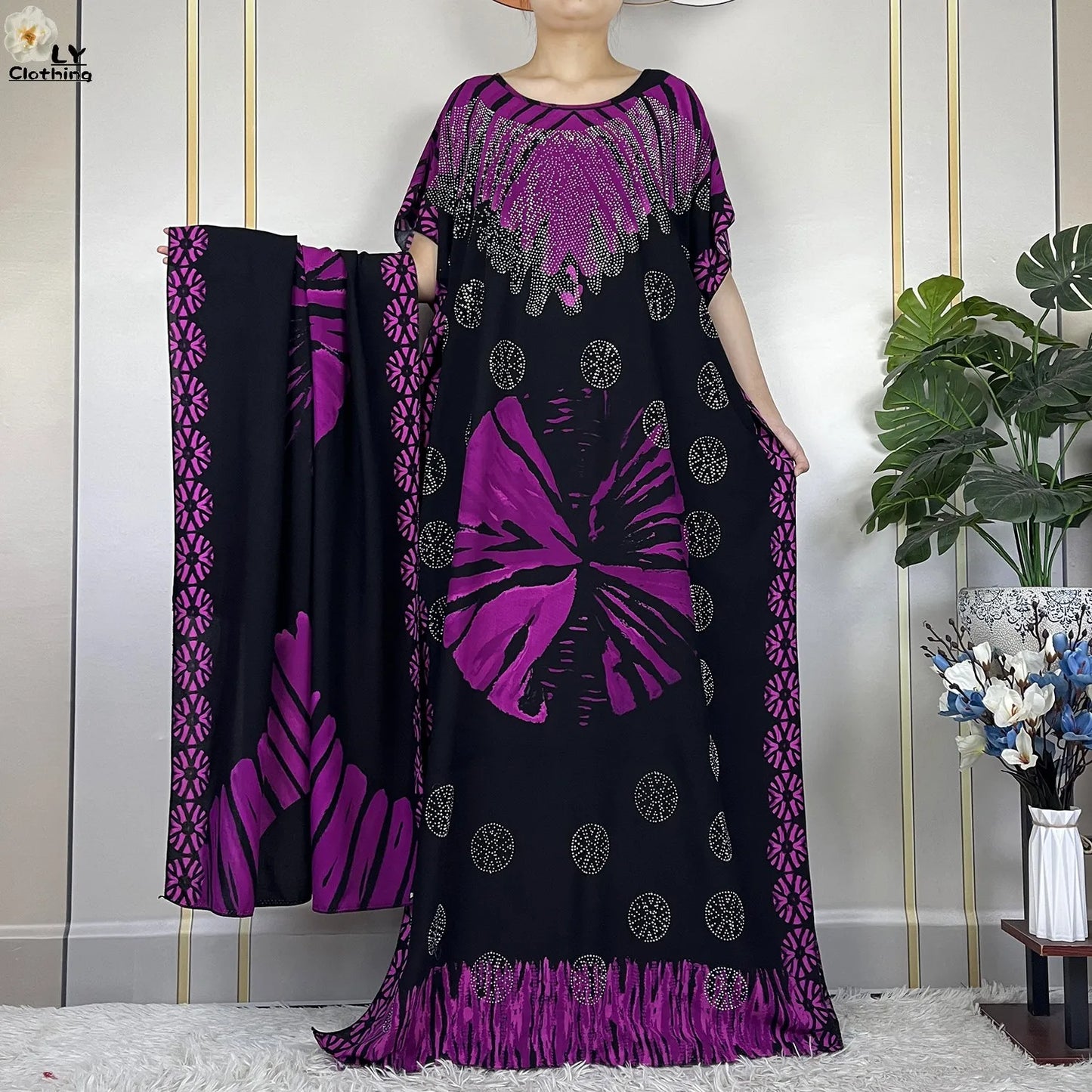 2024New Muslim Abaya Cotton Dress Women Loose African Dashiki Maxi Printing Diamonds Femme Robe Dubai Islam Dress With Big Scarf